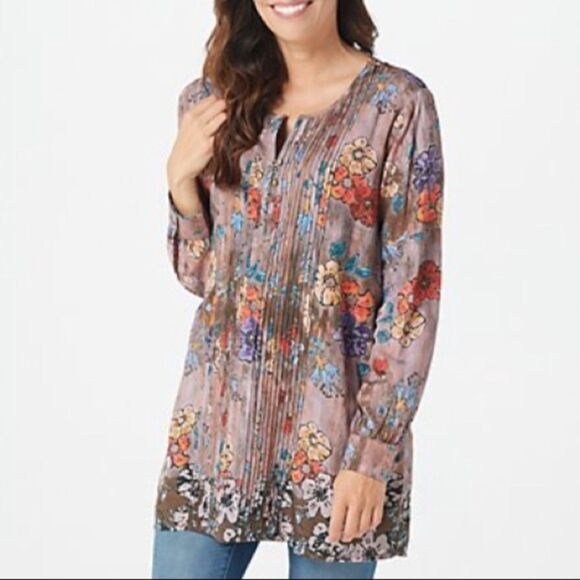 SP Small Petite Tolani Modal Brown Floral Long Tunic Blouse Long Sleeve Henley - Picture 3 of 13